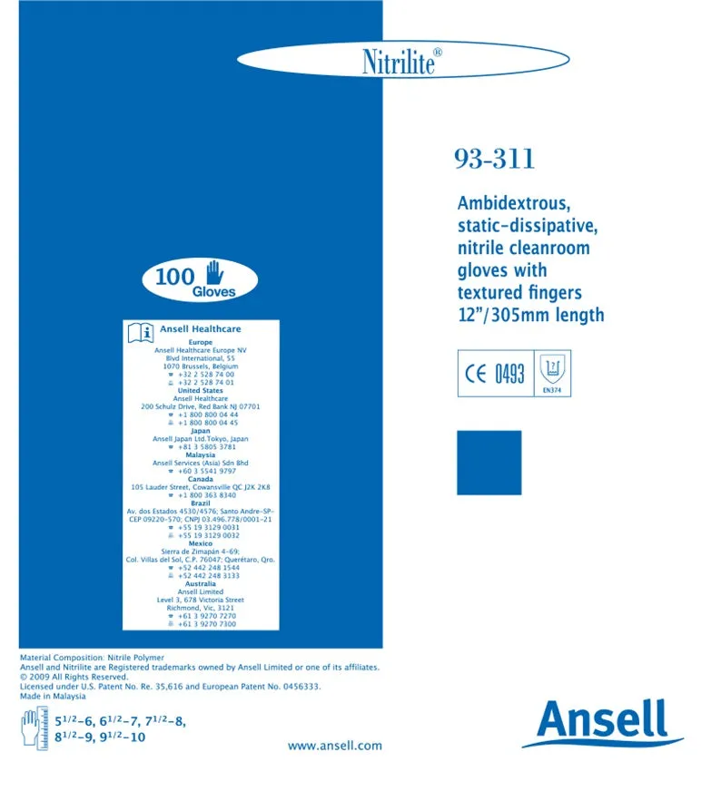 Ansell 93-311 Disposable Nitrile Gloves 12"