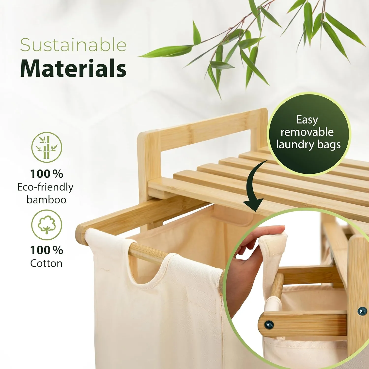 Bamboo Laundry Basket with Wheels – Large 3-Section Sorter with Removable Cotton Bags