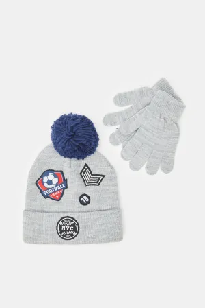 Boys Grey Knitted Cap With Gloves Set (2 Piece)