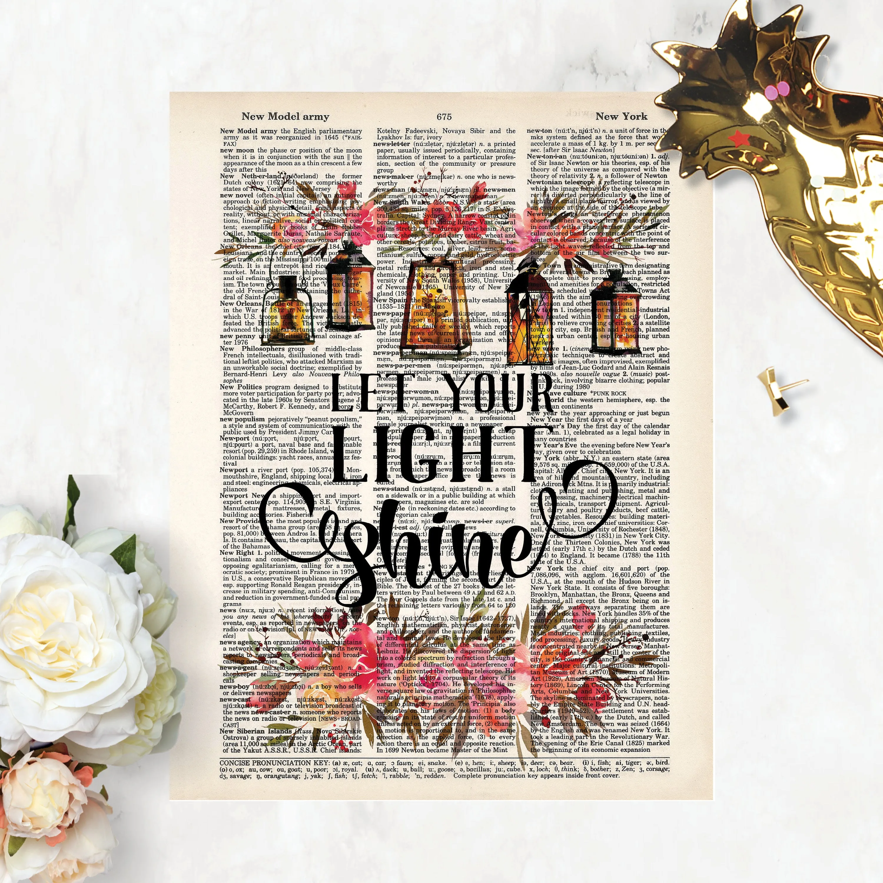 Let Your Light Shine quote with Watercolor Lanterns and Flowers