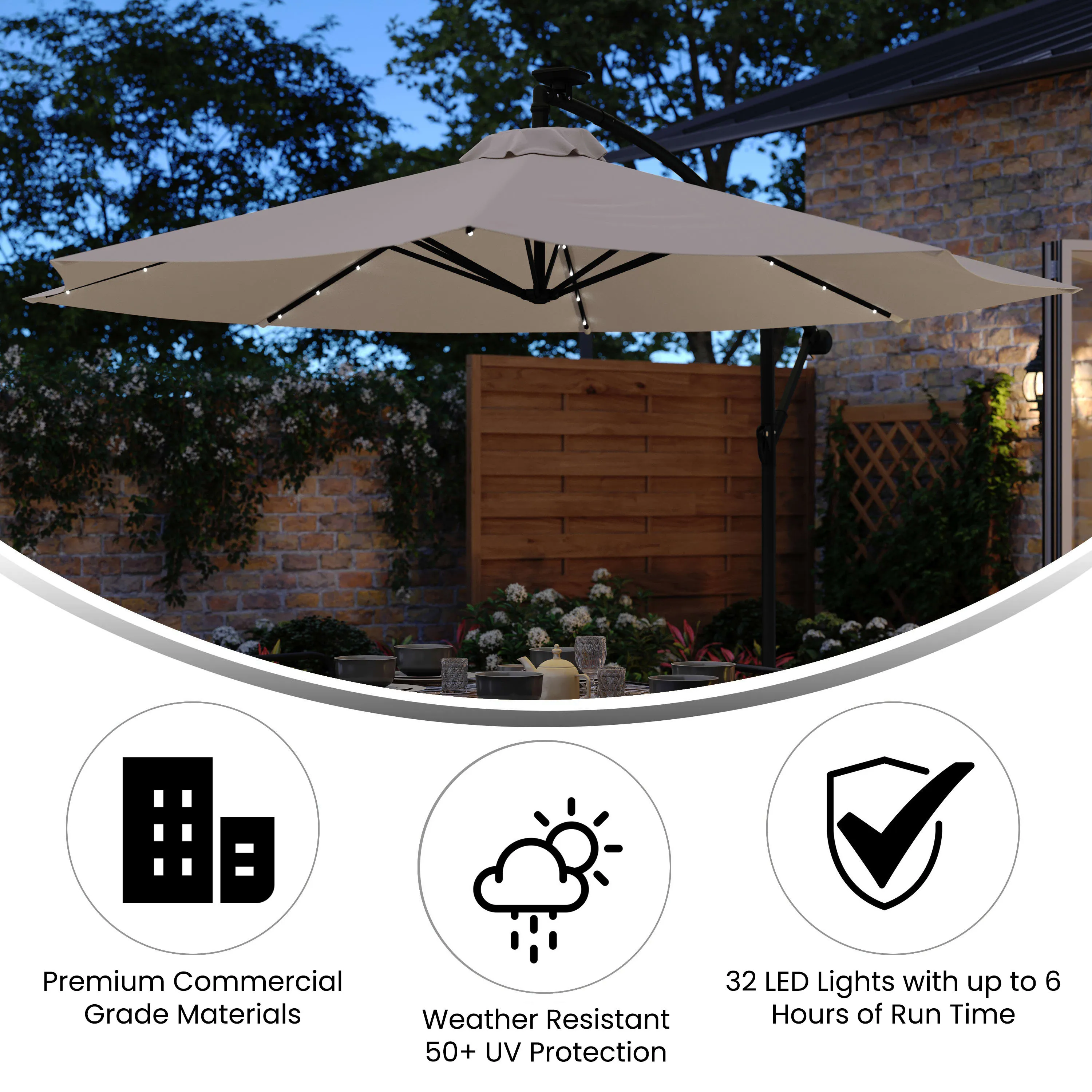 Sedona Commercial Grade 10ft Round Solar LED Cantilever Umbrella with Easy Lift and Tilt Function, Built in Cross Base