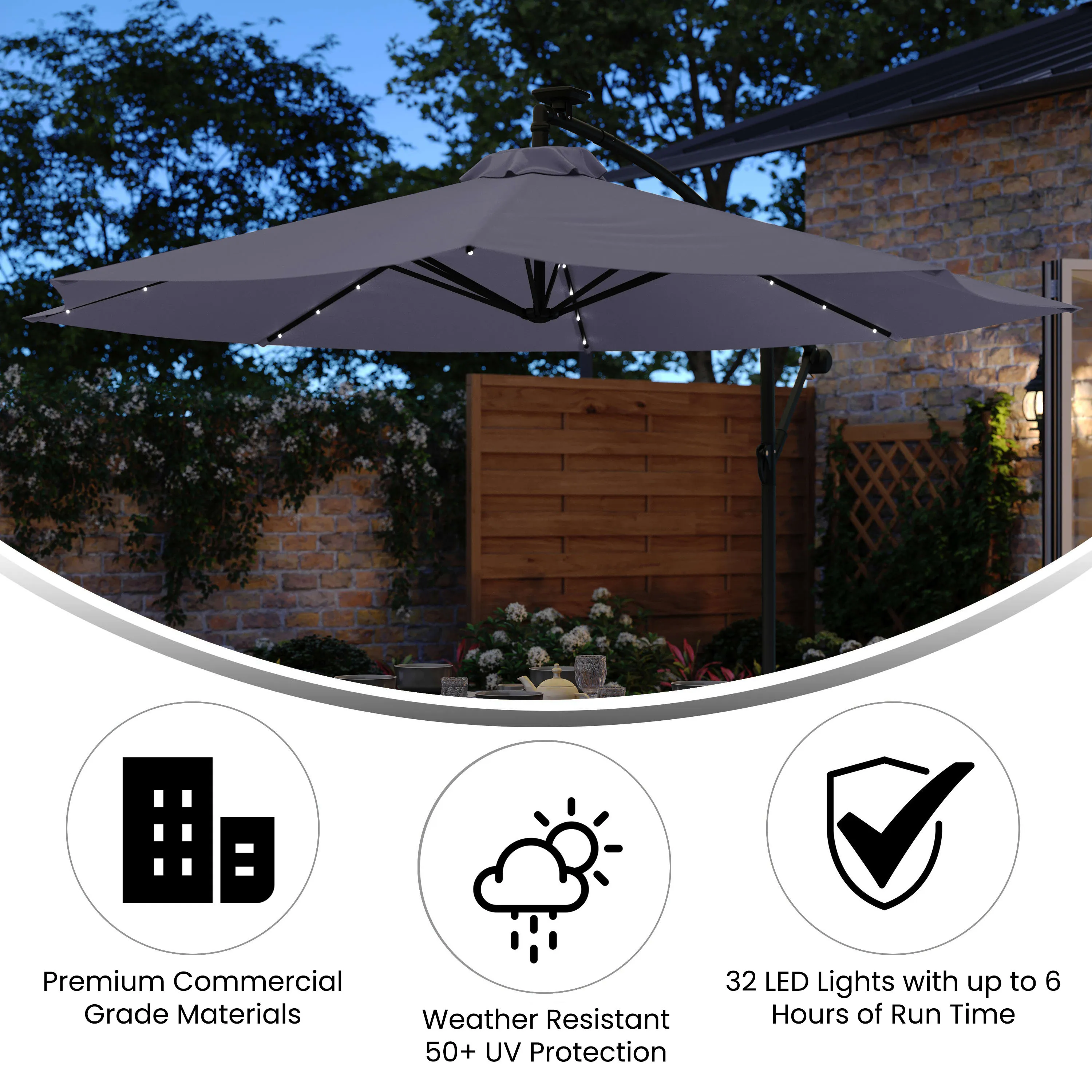 Sedona Commercial Grade 10ft Round Solar LED Cantilever Umbrella with Easy Lift and Tilt Function, Built in Cross Base