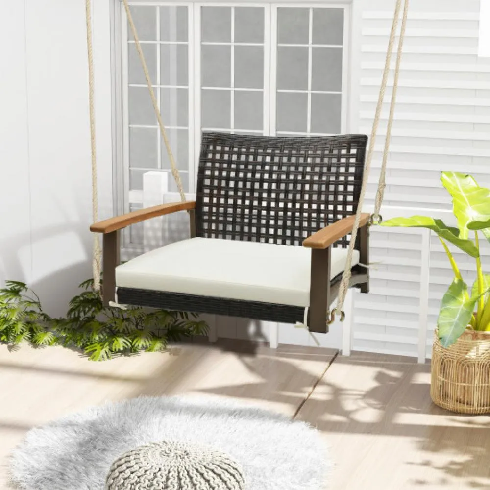 Single Rattan Porch Swing with Armrests Cushion and Hanging Ropes-White